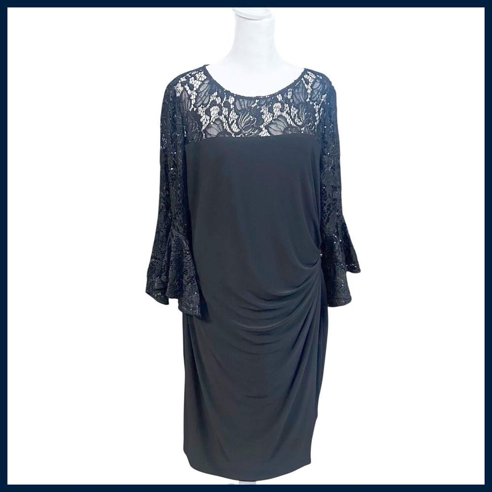 NEW Lauren Ralph Lauren Black Sequin Lace Bell Sleeve Draped Sheath Dress 18